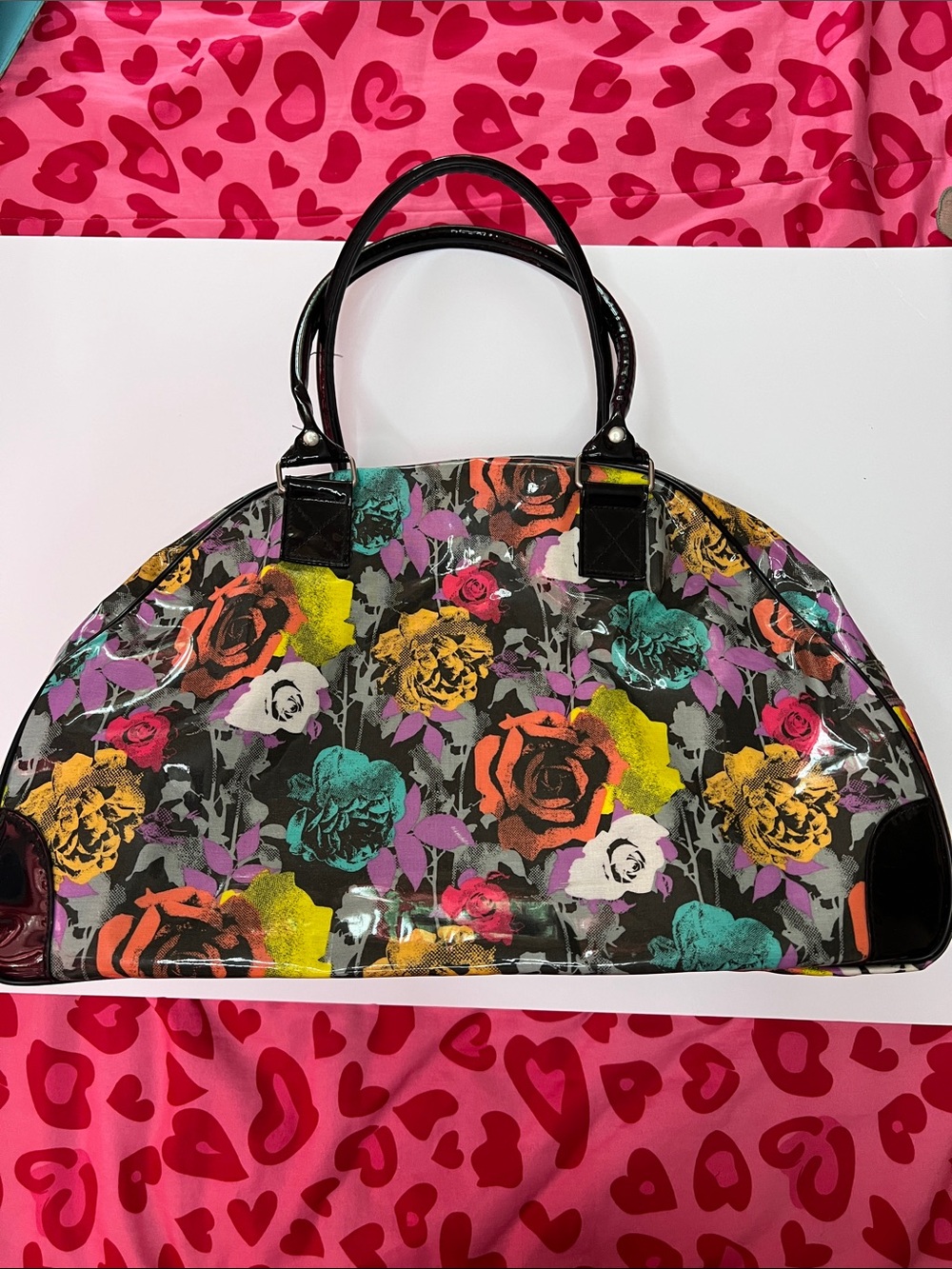 Floral Gloss Dome Satchel in Black with Multicolor Roses